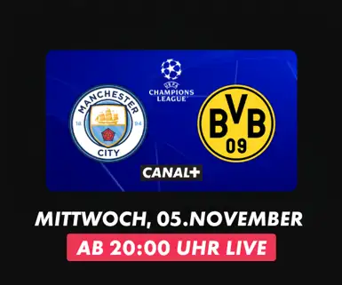 Champions League Matchbanner mit Teamlogos Manchester City gegen Borussia Dortmund