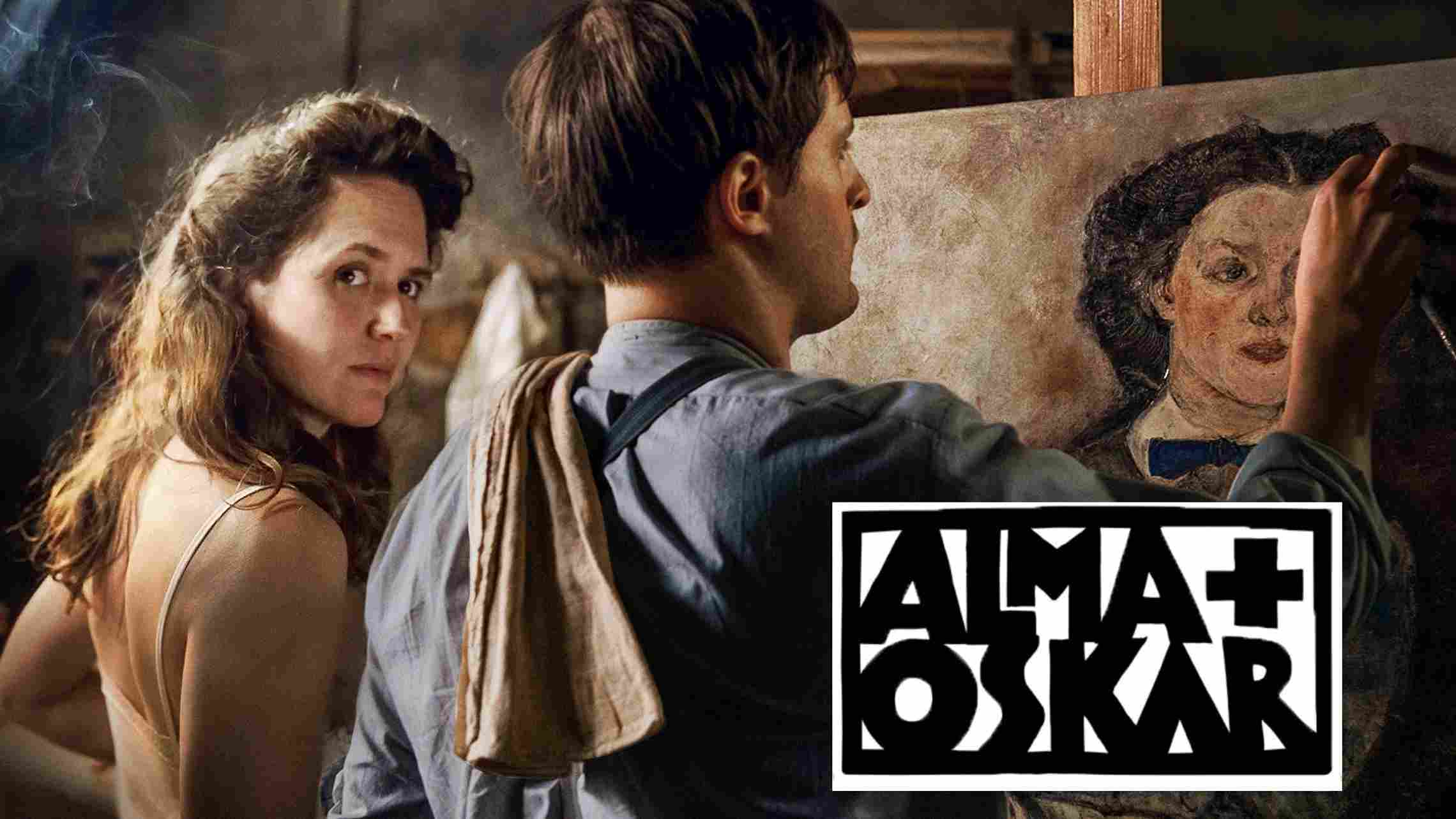 Filmplakat f�r 'Alma und Oskar' mit einer Frau, die in die Kamera schaut, und einem Mann, der an einem Gem�lde arbeitet, in einer k�nstlerischen Studioatmosph�re.