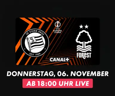 Europa League Matchbanner mit Teamlogos Sturm Graz gegen Forest
