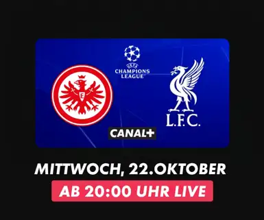 Champions League Matchbanner mit Teamlogos Eintracht Frankfurt vs. Liverpool