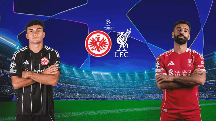 Zwei Spieler von Eintracht Frankfurt und Liverpool FC in Trikots vor Stadionhintergrund.