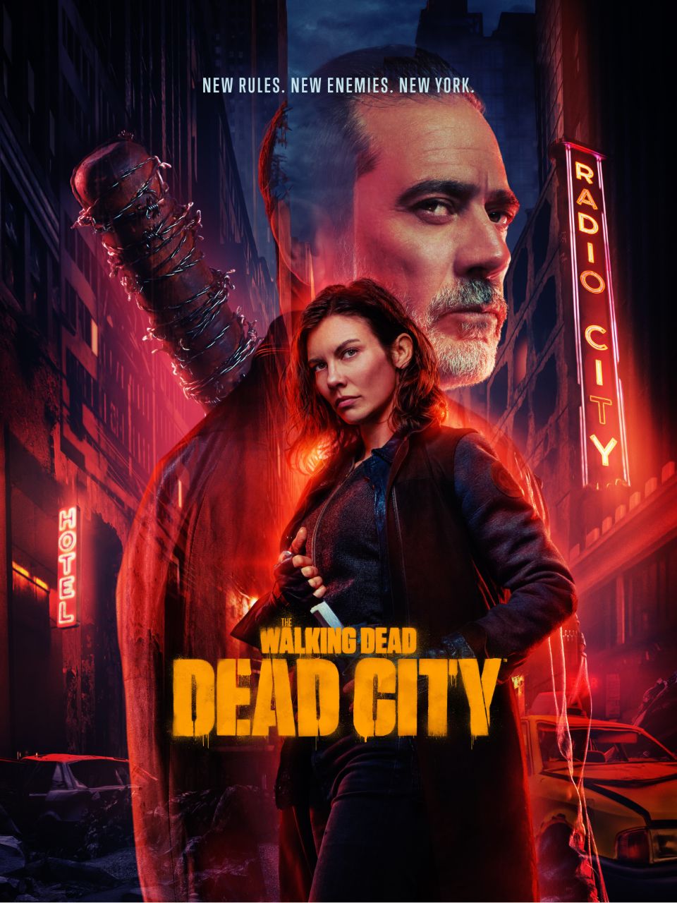 Poster zur Serie The Walking Dead: Dead City mit Lauren Cohan (Maggie) im Vordergrund, Jeffrey Dean Morgan (Negan) im Hintergrund, d�stere Gro�stadtkulisse mit Baseballschl�ger und Neonlichtern.